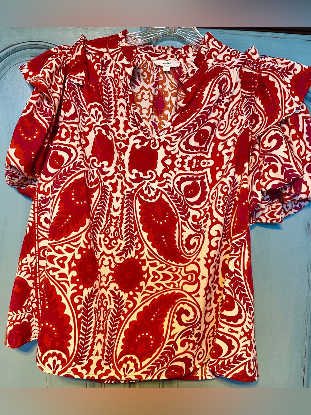entro Red & White Paisley V-Neck Blouse
